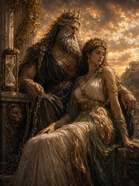 A crowned divine couple in an ancient palace