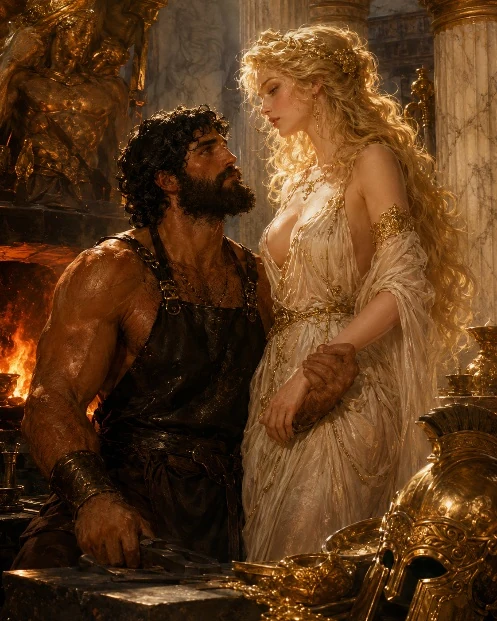 A divine couple together in a golden forge