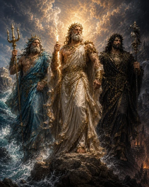 Three Olympian gods standing between sea, sky, and the underworld